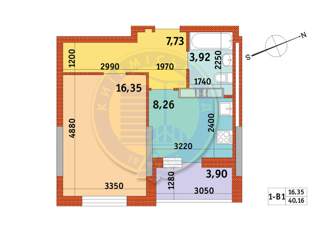 ЖК Обериг-2: планировка 1-комнатной квартиры 40.16 м²