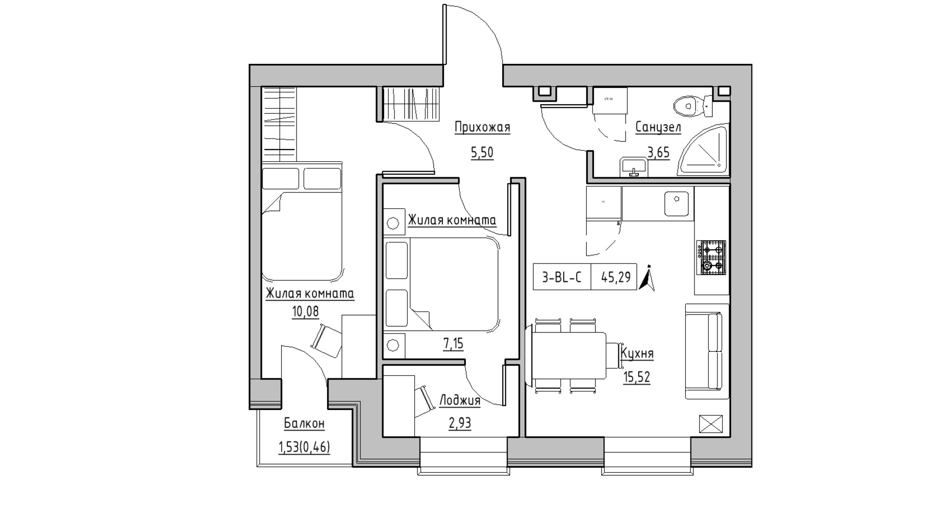 Планування 2-кімнатної квартири в ЖК KEKS 45.29 м², фото 329068