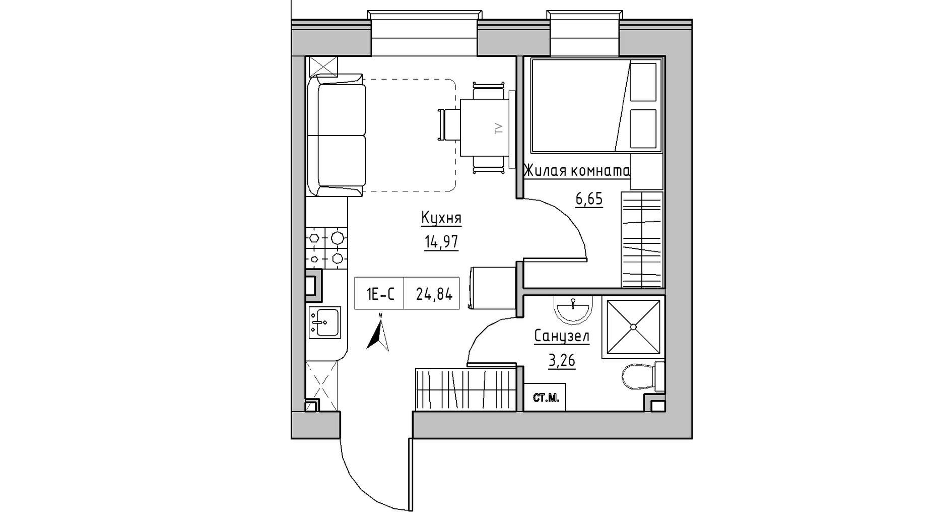 Планировка 2-комнатной квартиры в ЖК KEKS 24.84 м², фото 329069