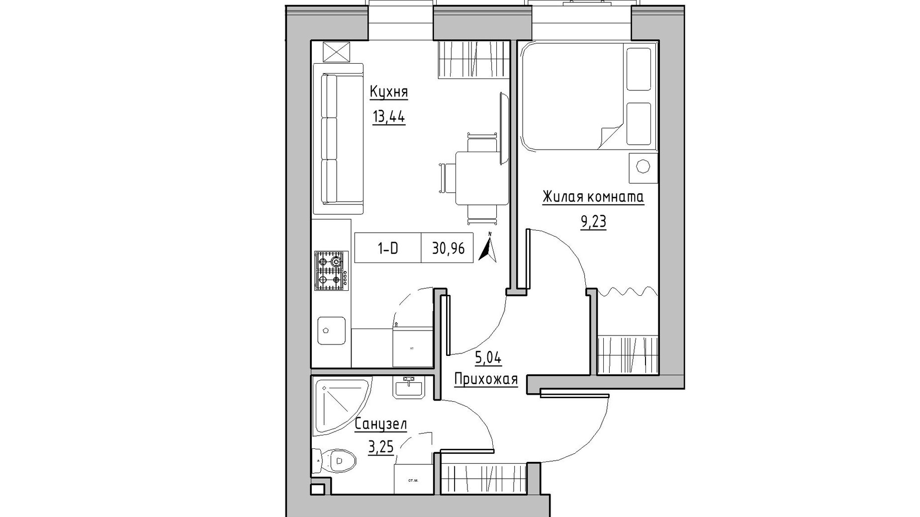 Планировка 1-комнатной квартиры в ЖК KEKS 30.96 м², фото 329070