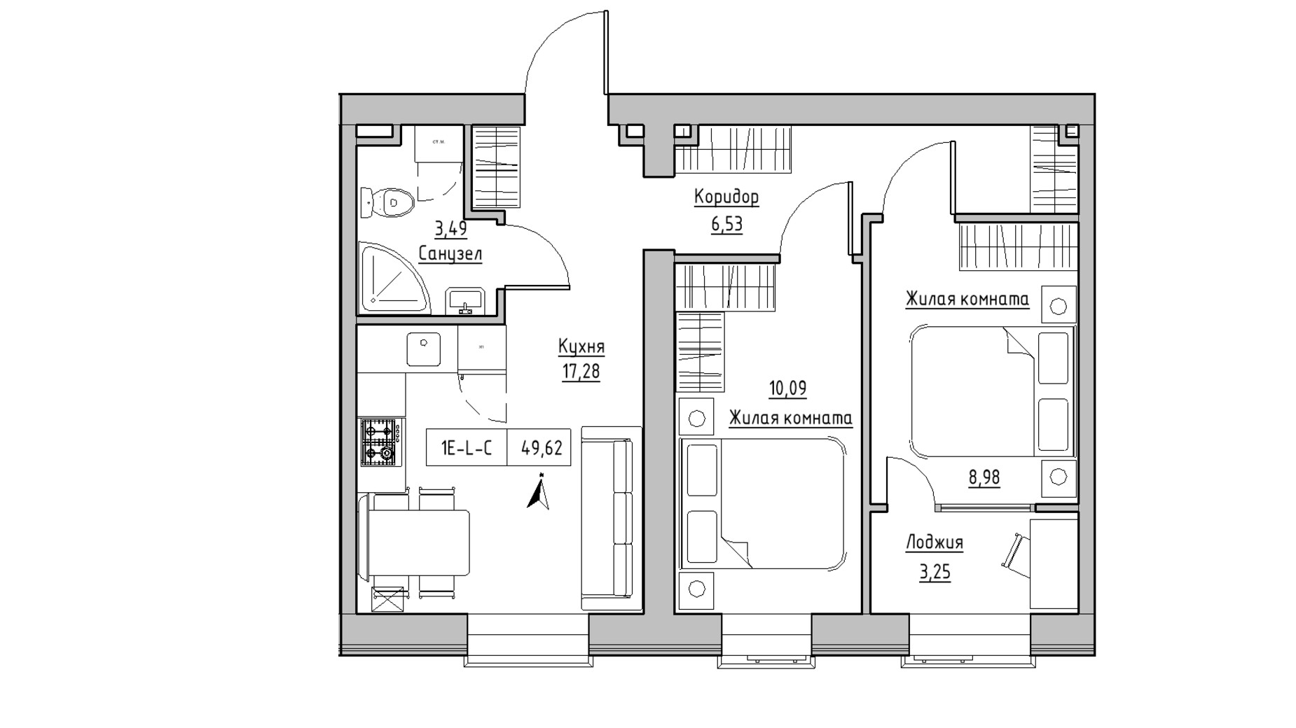 Планировка 2-комнатной квартиры в ЖК KEKS 49.62 м², фото 329072