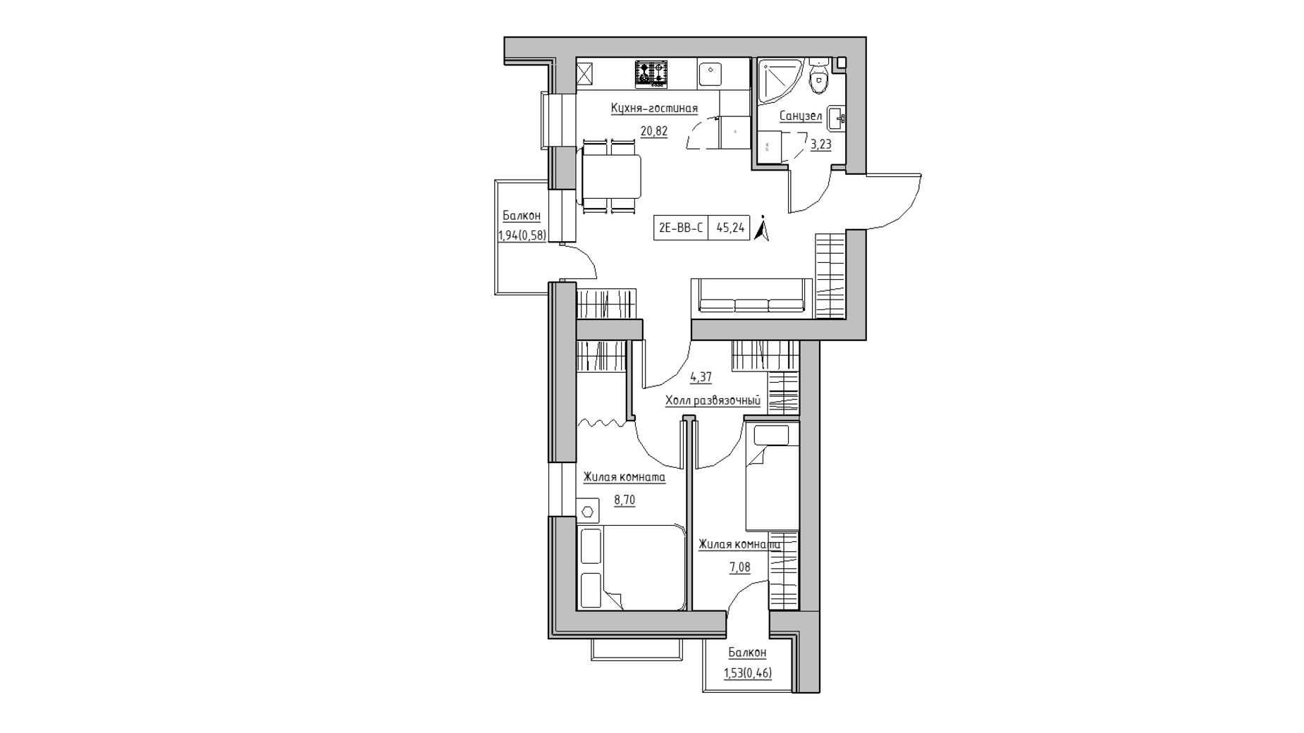 Планировка 2-комнатной квартиры в ЖК KEKS 45.24 м², фото 329073