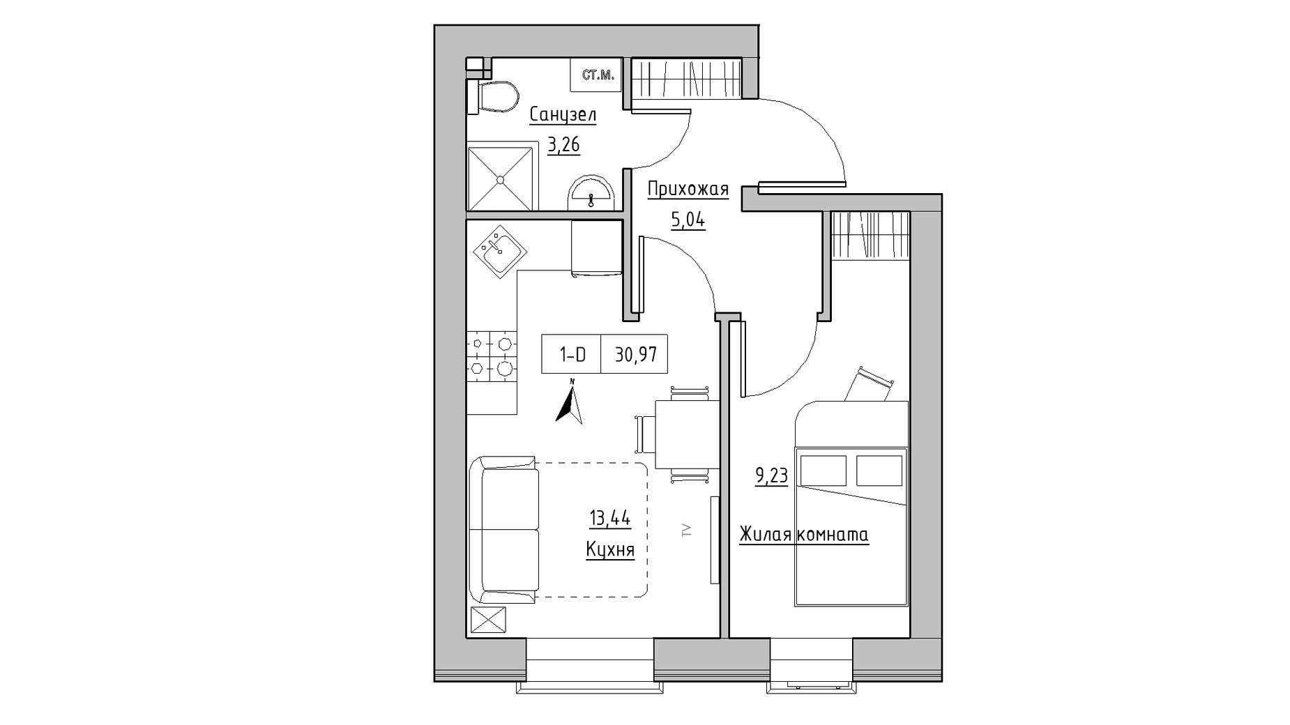 Планування 2-кімнатної квартири в ЖК KEKS 30.97 м², фото 329076