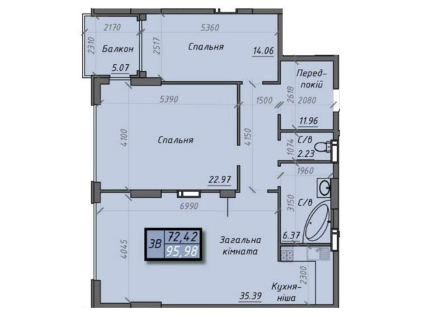 ЖК Iceberg 2: планировка 3-комнатной квартиры 97.64 м²