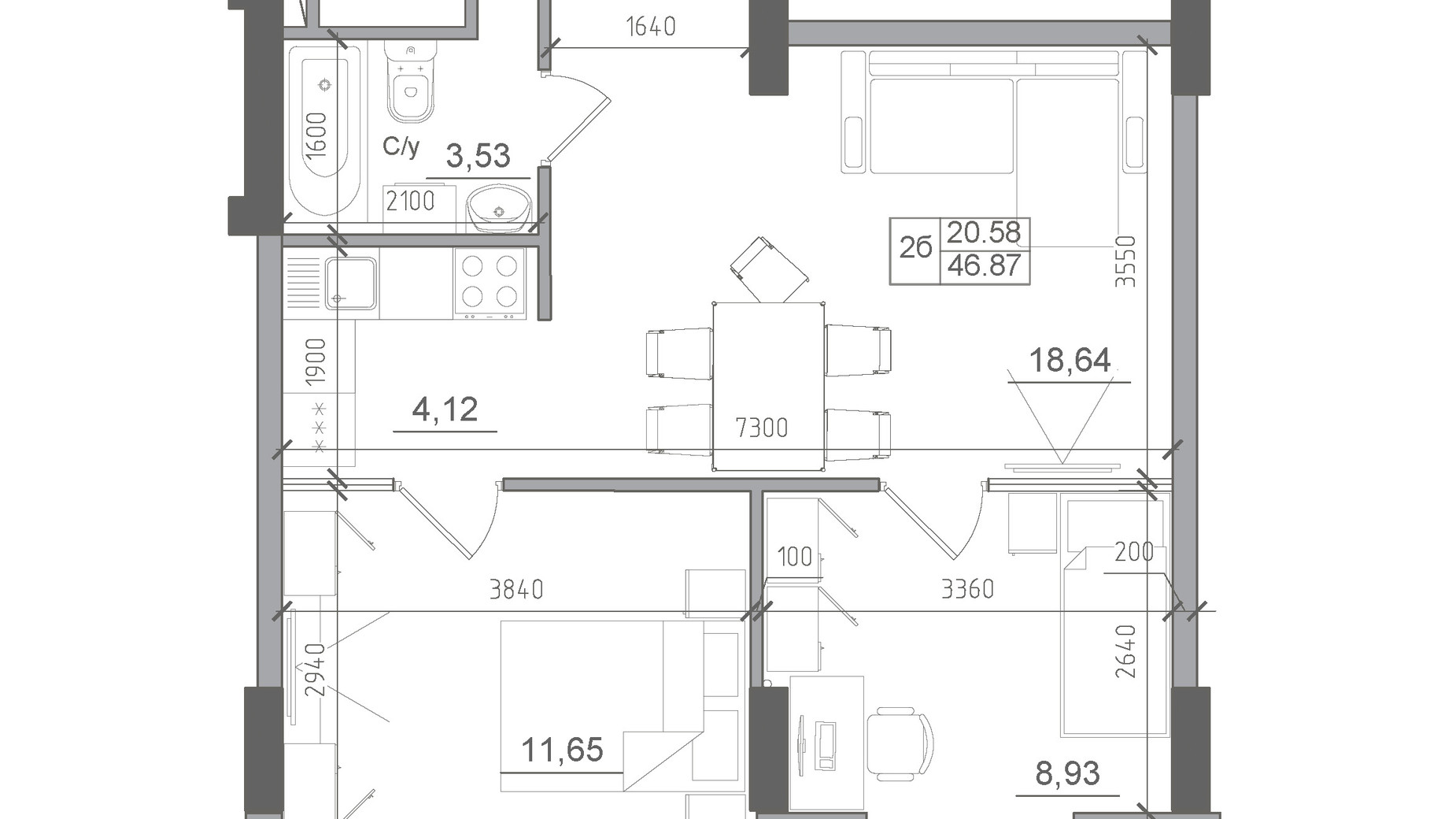 Планування 2-кімнатної квартири в ЖК Artville 46.87 м², фото 329117