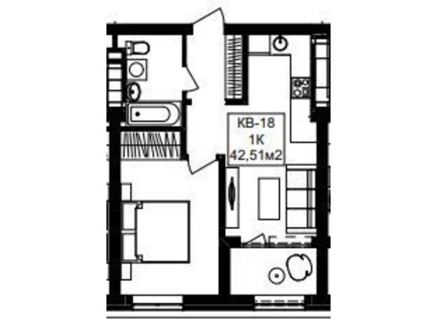 ЖК Янтарный: планировка 1-комнатной квартиры 42.51 м²