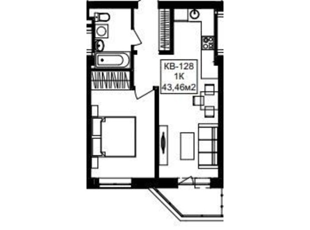 ЖК Янтарний: планування 1-кімнатної квартири 43.46 м²