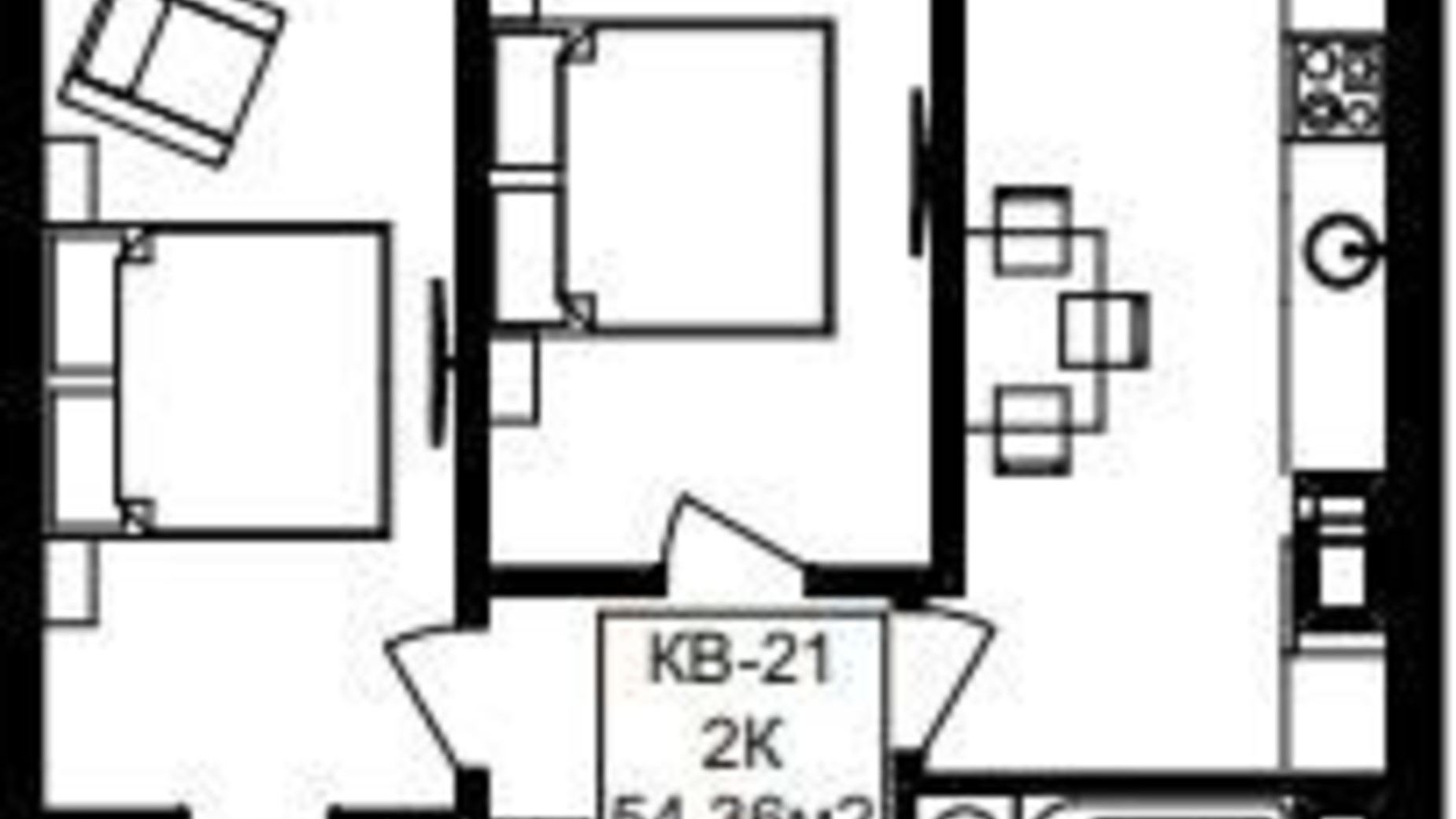 Планировка 2-комнатной квартиры в ЖК Янтарный 54.36 м², фото 329482