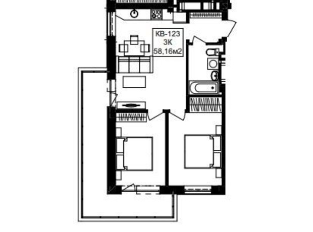 ЖК Янтарний: планування 3-кімнатної квартири 58.16 м²