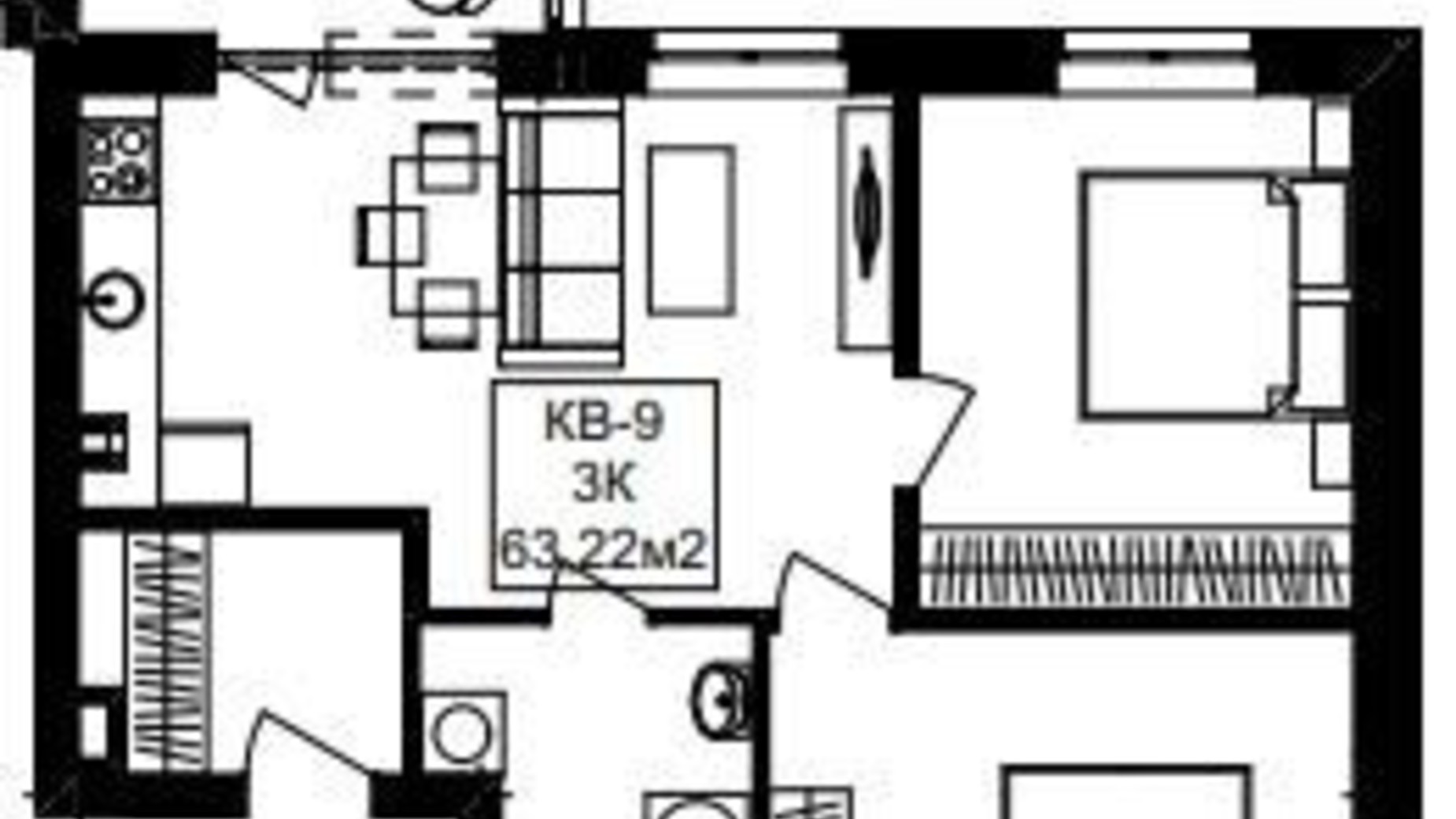 Планировка 3-комнатной квартиры в ЖК Янтарный 63.22 м², фото 329485