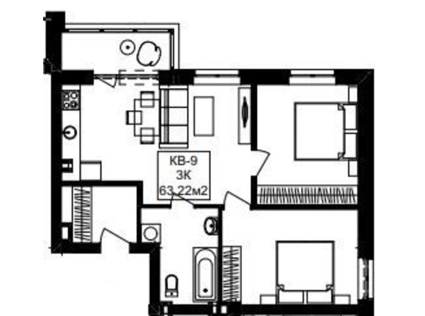 ЖК Янтарный: планировка 3-комнатной квартиры 63.22 м²