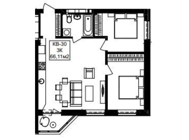 ЖК Янтарный: планировка 3-комнатной квартиры 66.11 м²