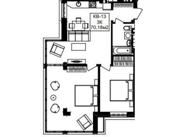 ЖК Янтарный: планировка 3-комнатной квартиры 70.18 м²