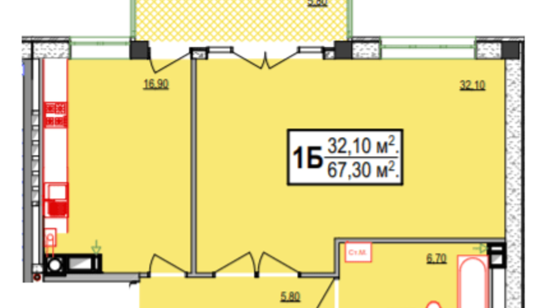 Планировка 1-комнатной квартиры в ЖК Украинский 67.3 м², фото 329623