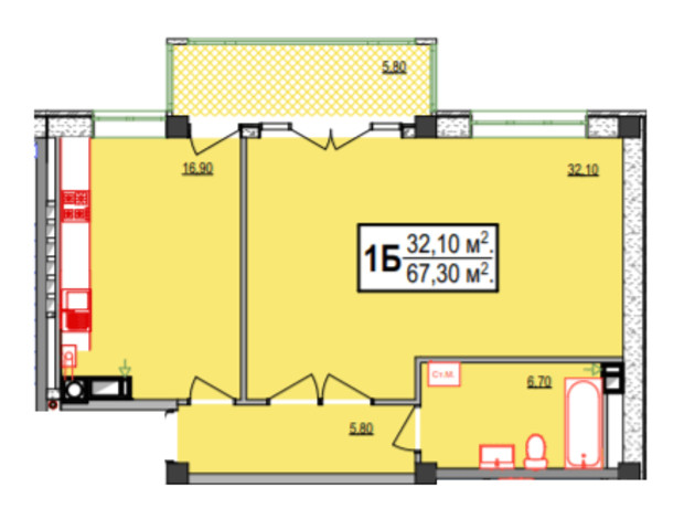 ЖК Український: планування 1-кімнатної квартири 67.3 м²