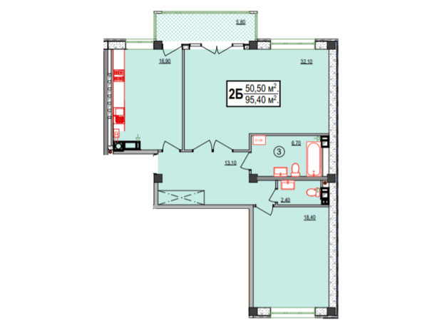 ЖК Украинский: планировка 2-комнатной квартиры 95.4 м²