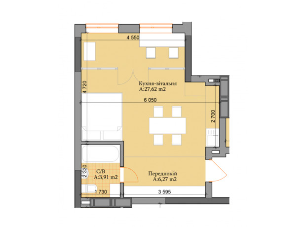 ЖК River Plaza : планування 1-кімнатної квартири 37.8 м²