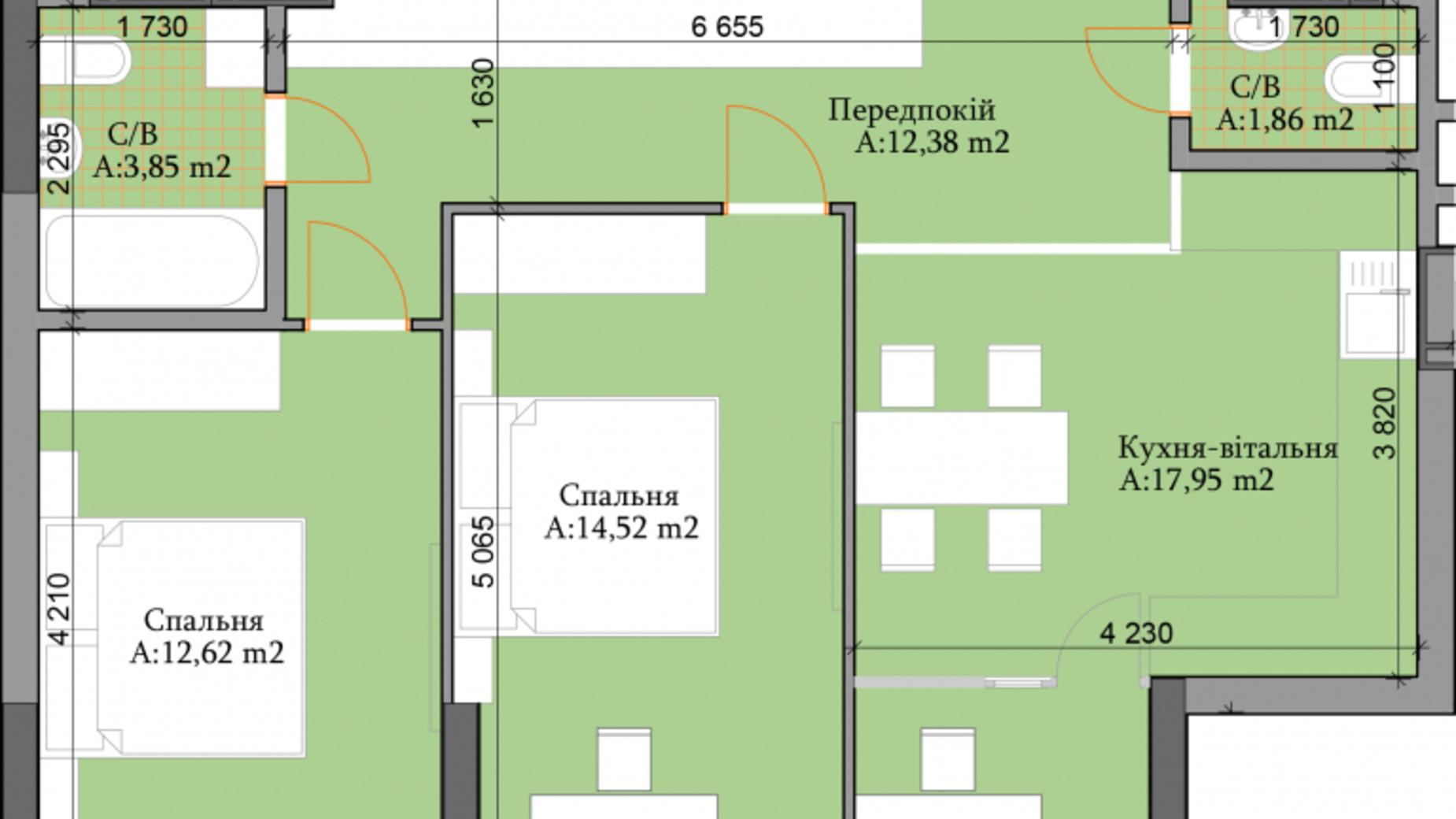 Планировка 2-комнатной квартиры в ЖК River Plaza 63.18 м², фото 329685