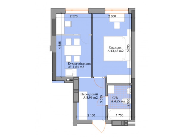 ЖК River Plaza : планування 1-кімнатної квартири 35.36 м²