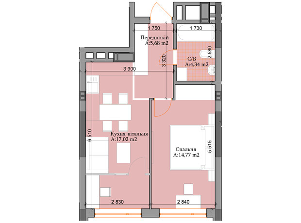 ЖК River Plaza : планування 1-кімнатної квартири 41.81 м²