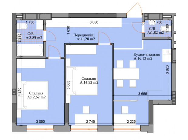 ЖК River Plaza: планировка 2-комнатной квартиры 60.22 м²