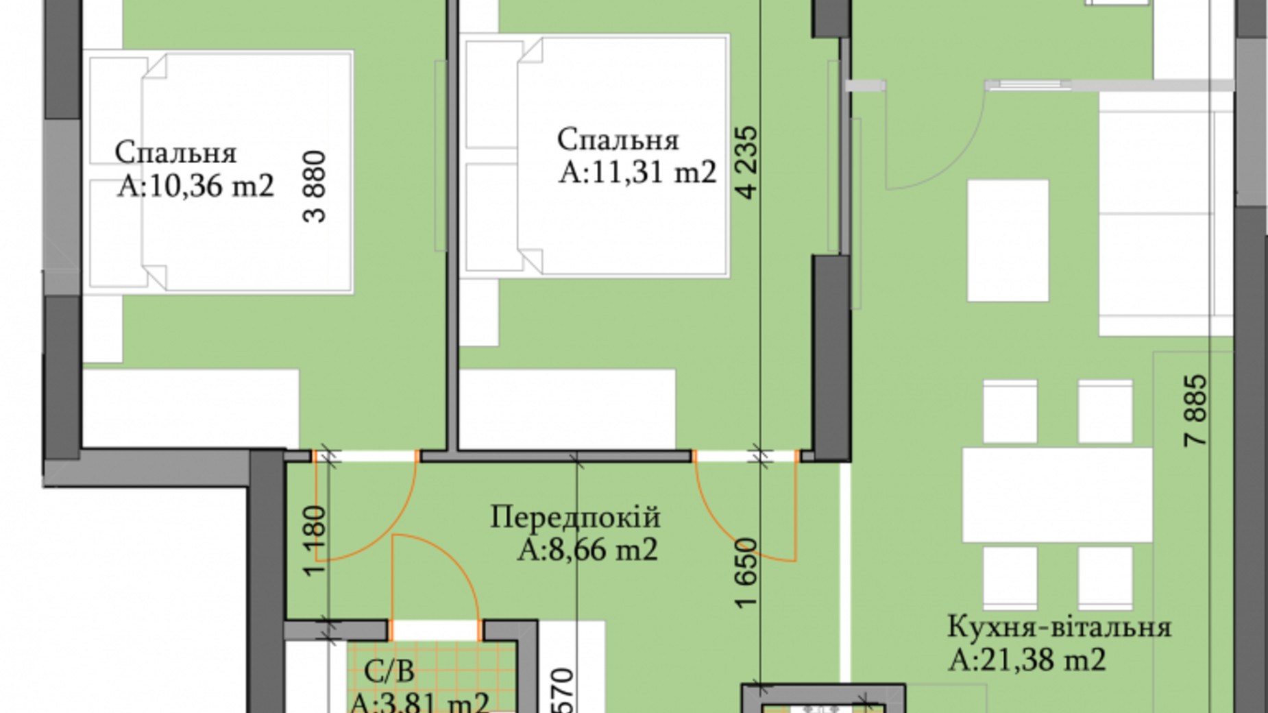 Планування 2-кімнатної квартири в ЖК River Plaza  56.44 м², фото 329696