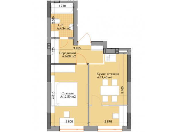 ЖК River Plaza : планування 1-кімнатної квартири 37.68 м²