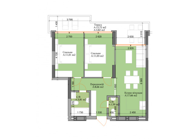 ЖК River Plaza : планування 2-кімнатної квартири 57.59 м²