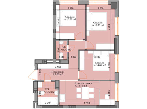 ЖК River Plaza : планування 3-кімнатної квартири 60.53 м²