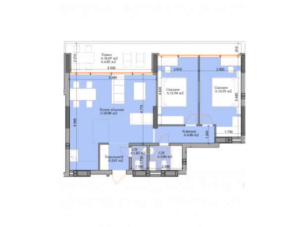 ЖК River Plaza : планування 2-кімнатної квартири 77.38 м²