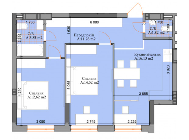 ЖК River Plaza : планування 2-кімнатної квартири 60.22 м²