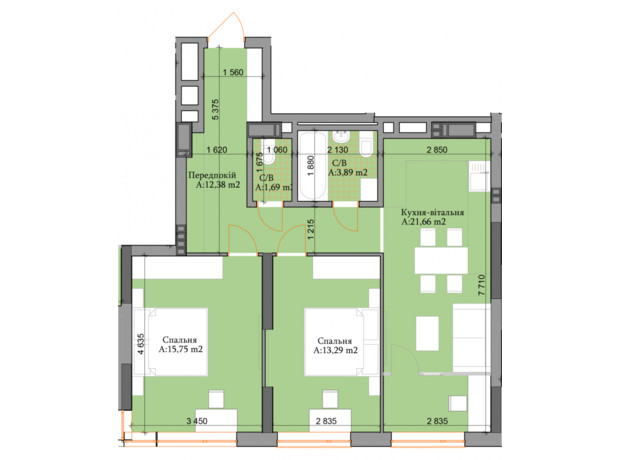 ЖК River Plaza: планировка 2-комнатной квартиры 66.84 м²