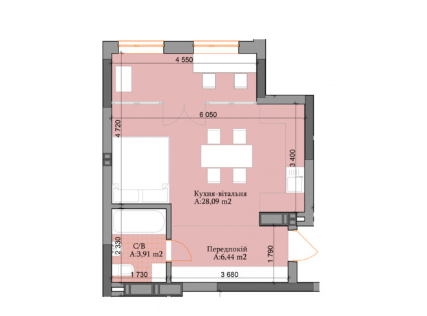ЖК River Plaza : планування 1-кімнатної квартири 33.3 м²