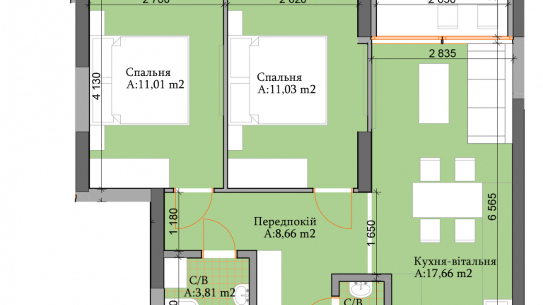 Планировка 2-комнатной квартиры в ЖК River Plaza 57.59 м², фото 329844