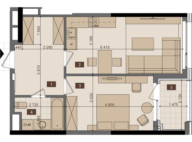 ЖК Tetris Hall: планування 1-кімнатної квартири 52.5 м²