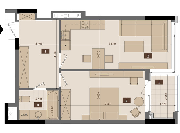 ЖК Tetris Hall: планировка 1-комнатной квартиры 51.99 м²