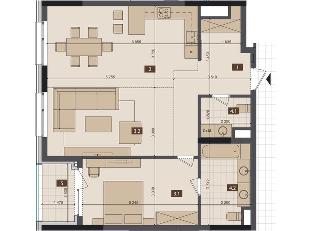 ЖК Tetris Hall: планування 2-кімнатної квартири 84.1 м²
