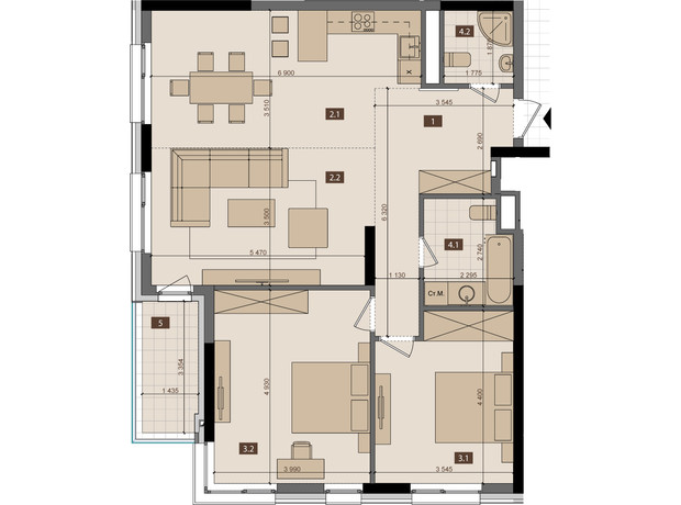 ЖК Tetris Hall: планировка 2-комнатной квартиры 99.9 м²