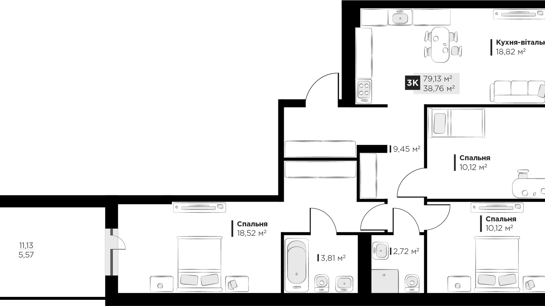 Планування 3-кімнатної квартири в ЖК PERFECT LIFE 79.13 м², фото 330256