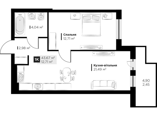 ЖК PERFECT LIFE: планування 1-кімнатної квартири 43.67 м²