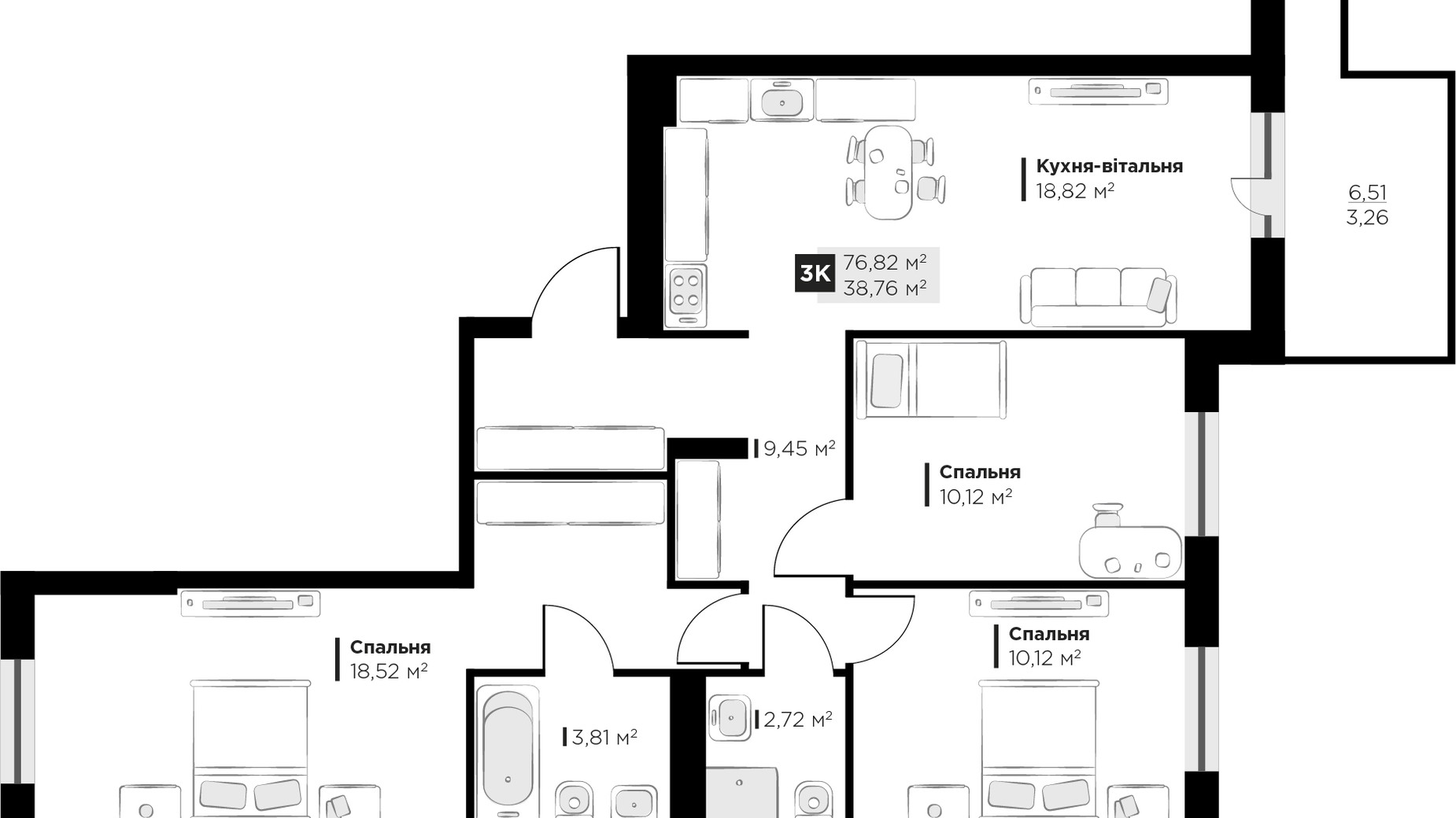 Планування 3-кімнатної квартири в ЖК PERFECT LIFE 76.82 м², фото 330282