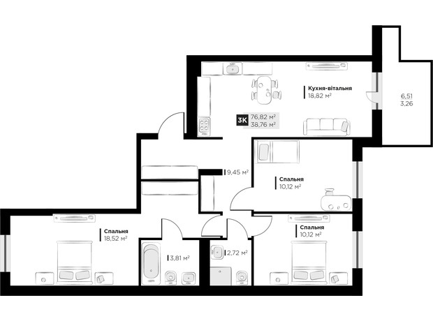 ЖК PERFECT LIFE: планування 3-кімнатної квартири 76.82 м²