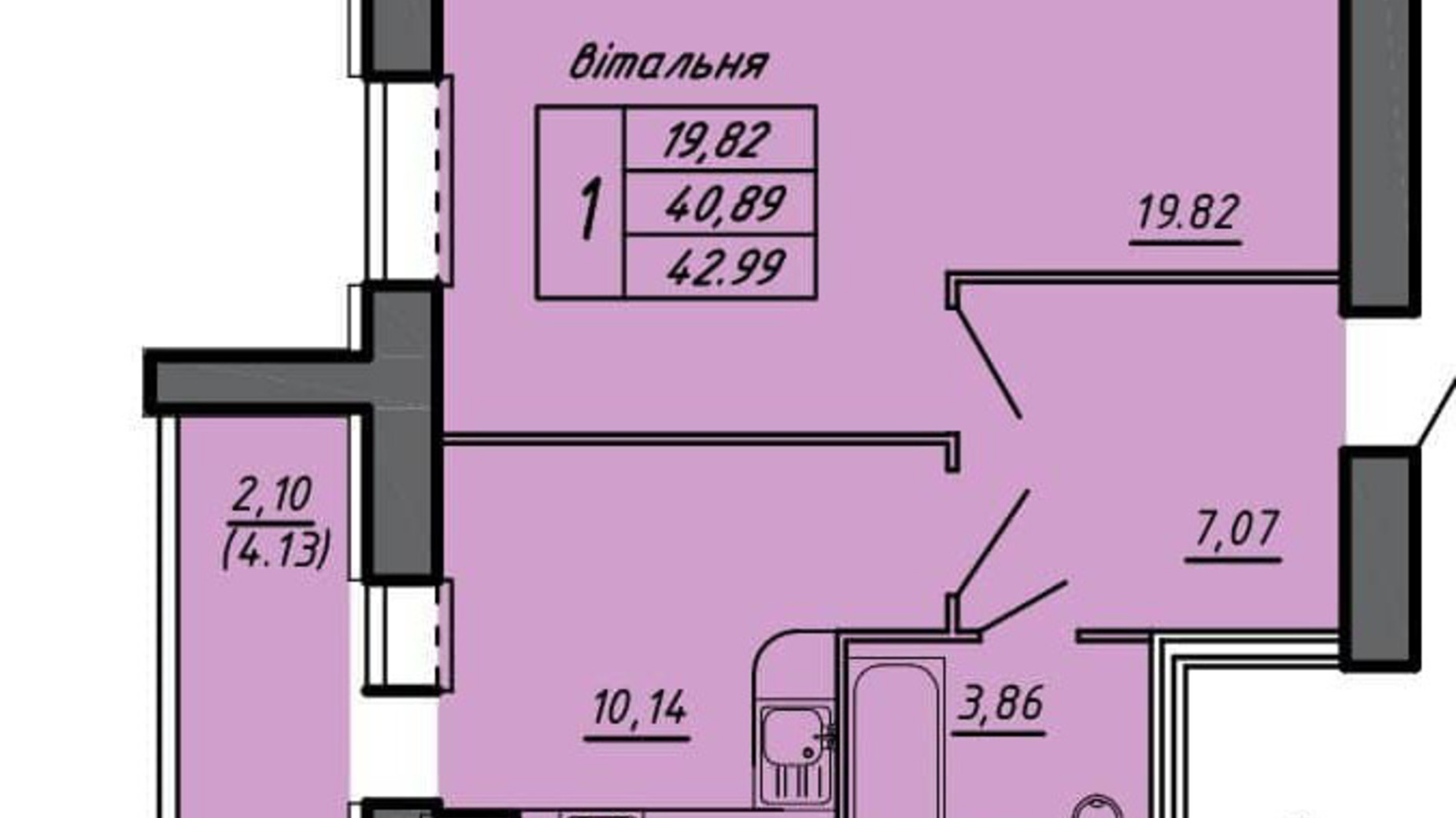 Планування 1-кімнатної квартири в ЖК Чернівецький 42.99 м², фото 330941