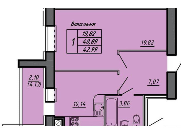 ЖК Черновецкий: планировка 1-комнатной квартиры 42.99 м²