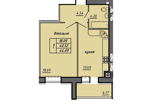ЖК Чернівецький: планування 1-кімнатної квартири 44.69 м²