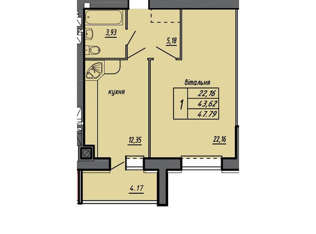 ЖК Черновецкий: планировка 1-комнатной квартиры 47.79 м²