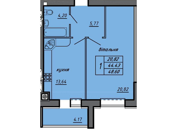 ЖК Черновецкий: планировка 1-комнатной квартиры 48.6 м²