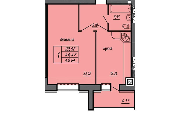 ЖК Чернівецький: планування 1-кімнатної квартири 48.64 м²