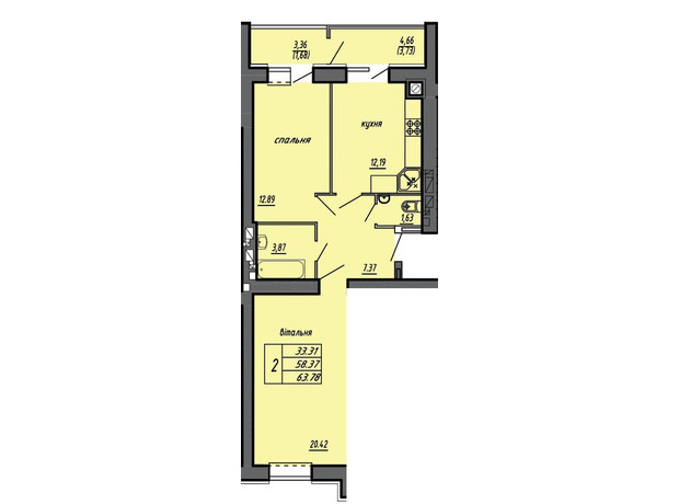 ЖК Чернівецький: планування 2-кімнатної квартири 63.78 м²