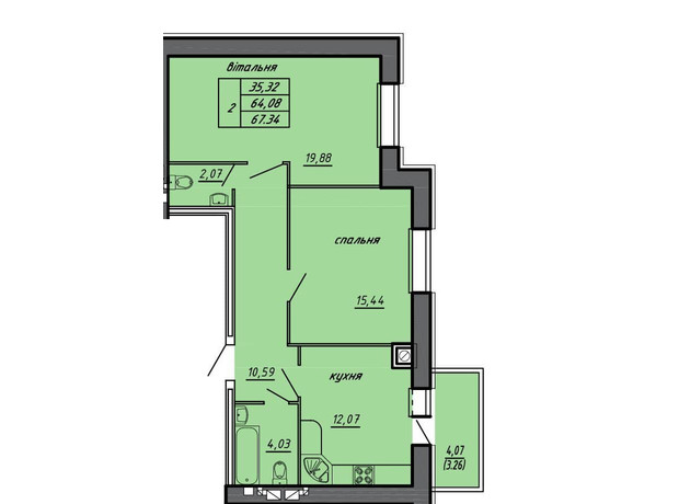 ЖК Чернівецький: планування 2-кімнатної квартири 67.34 м²